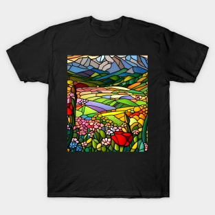 Stained Glass Colorful Mountain Flowers T-Shirt